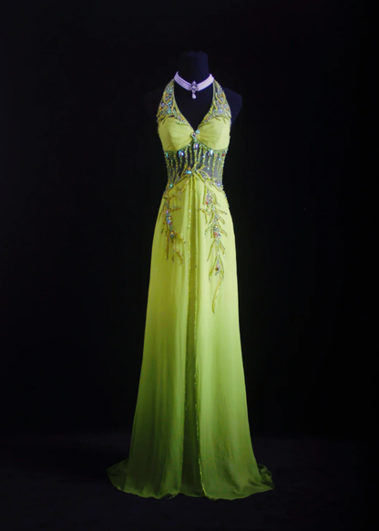Chic Green Halter V Neck Satin Chiffon Beaded Mermaid Long Party Dress Evening Gown