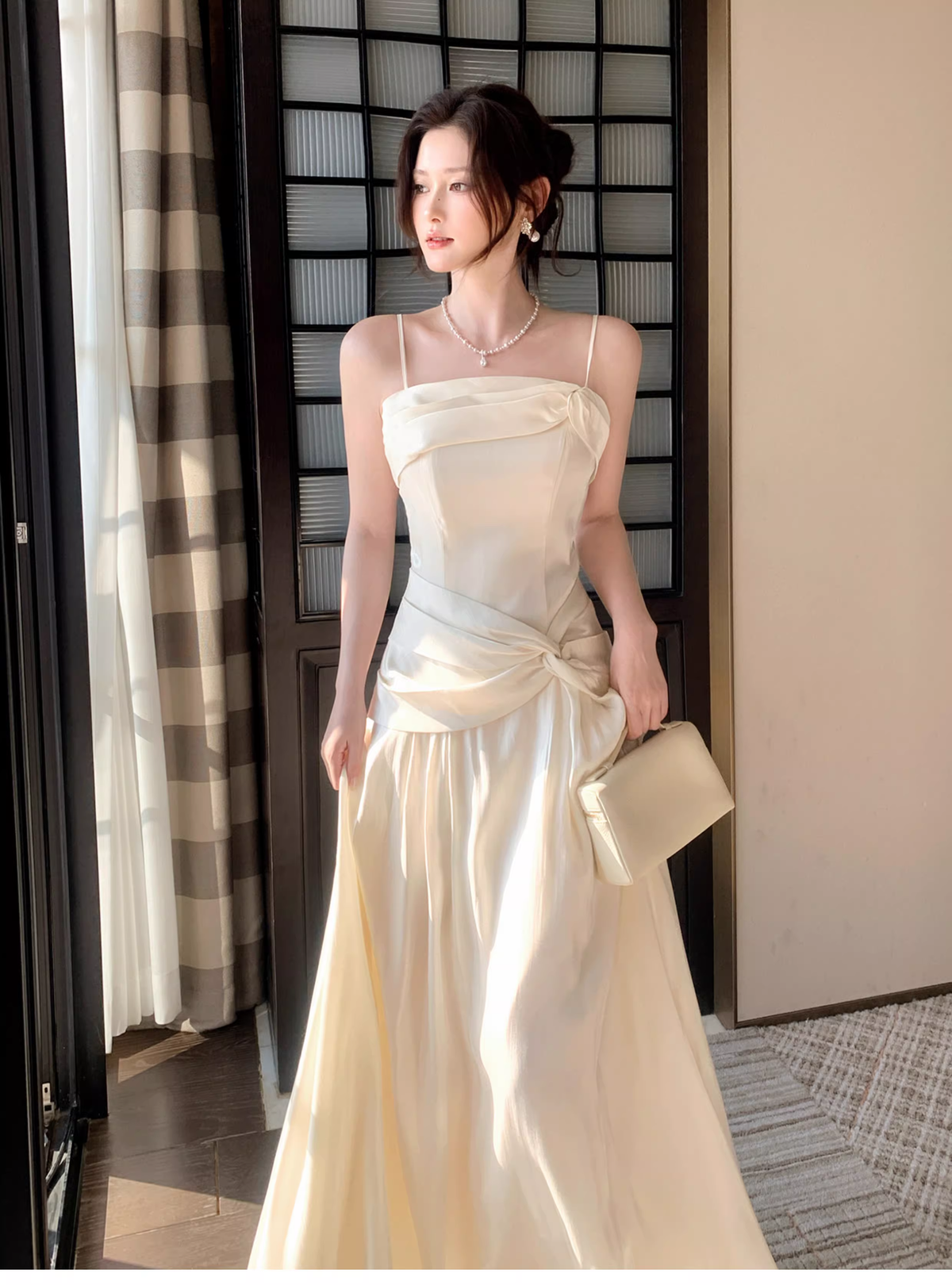 Pretty Spaghetti Straps Light Apricot Satin A Line Long Wedding Guest Dress Formal Birthday Party Dress Prom Gown SP1501