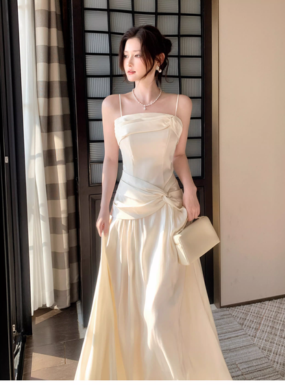 Pretty Spaghetti Straps Light Apricot Satin A Line Long Wedding Guest Dress Formal Birthday Party Dress Prom Gown SP1501