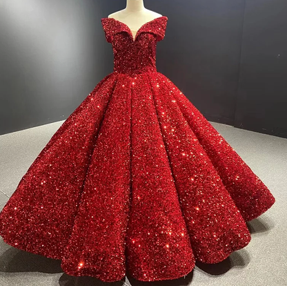Royal blue sequin prom ball gown sweet 16 dress off the shoulder princess Quince dress  c2767