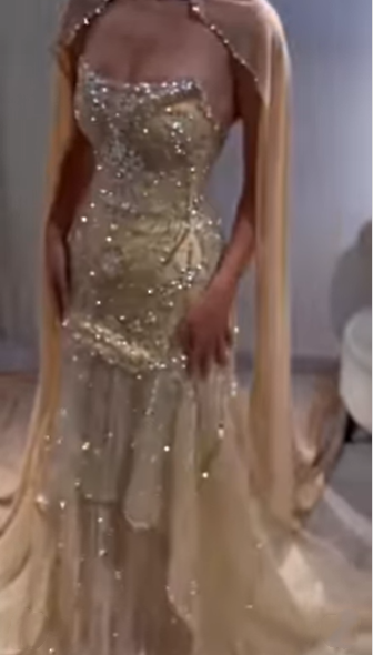Glitter Yellow Chiffon Sequin Beaded Mermaid Evening Dress Long Birthday Prom Gown