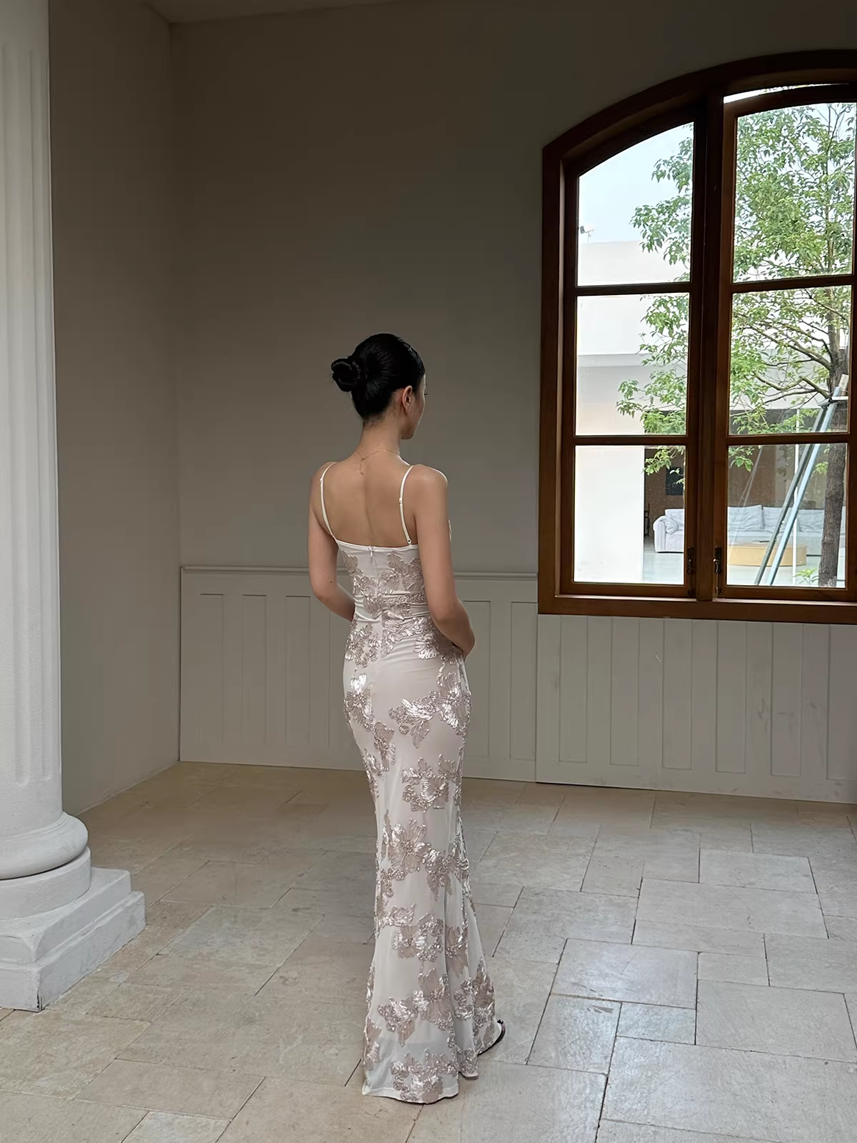 Unique Champagne Satin Floral Mermaid Evening Dress Spaghetti Straps Long Party Gown