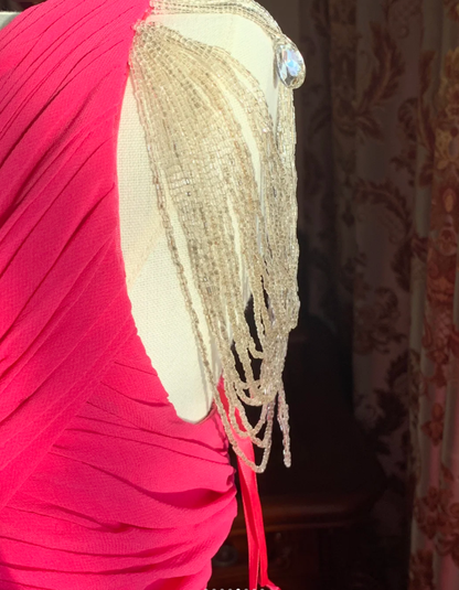 Pretty Rose Red One Shoulder Chiffon Pleated Beaded Evening Dress Long Wedding Guest Dress D1776