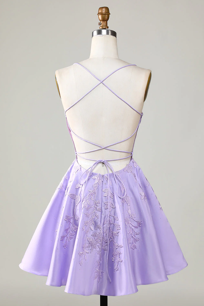 Purple Corset A-Line Satin Short Homecoming Dress With Lace Y3066