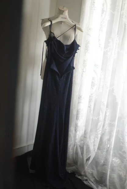 Classy Spaghetti Straps Navy Blue Beaded Mermaid Long Evening Dress Formal Wedding Guest Dress D2197