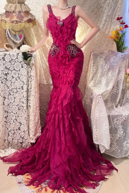 Retro Spaghetti Straps V Neck Chiffon Pleated Ruffles Mermaid Evening Dress Long Prom Gown