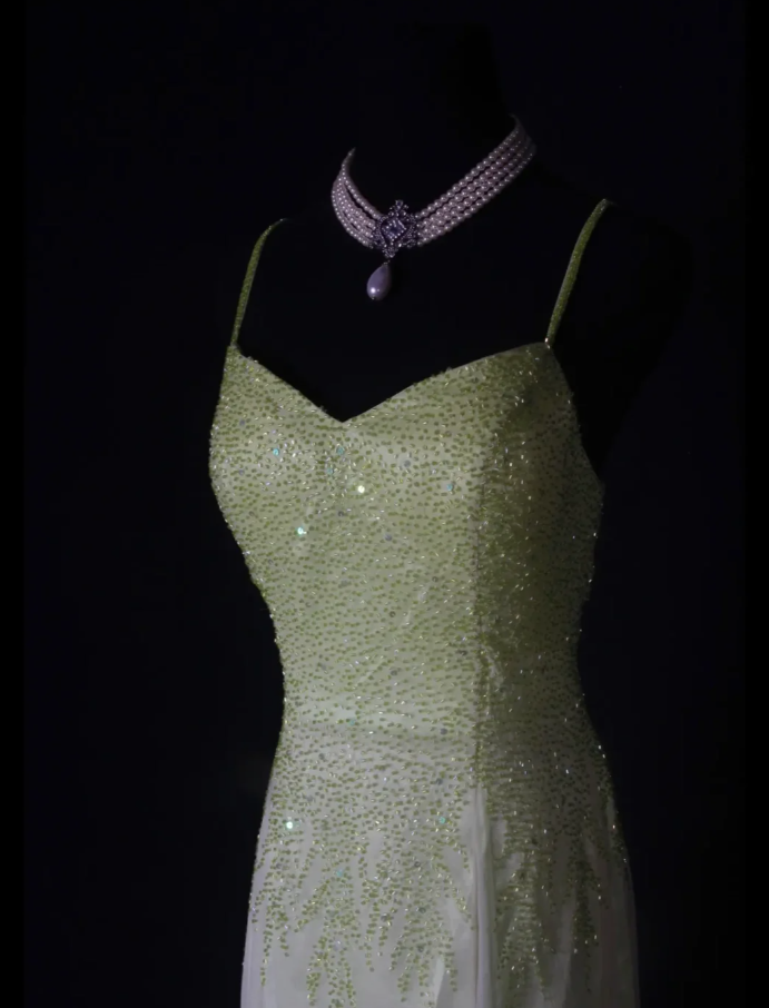 Classy Spaghetti Straps Satin Chiffon Beaded Mermaid Evening Dress Ombre Green Birthday Prom Dress D2261