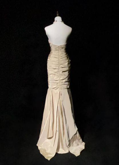 Elegant Strapless Satin Pleated Beaded Mermaid Long Wedding Guest Dress Formal Evening Dress Party Gown