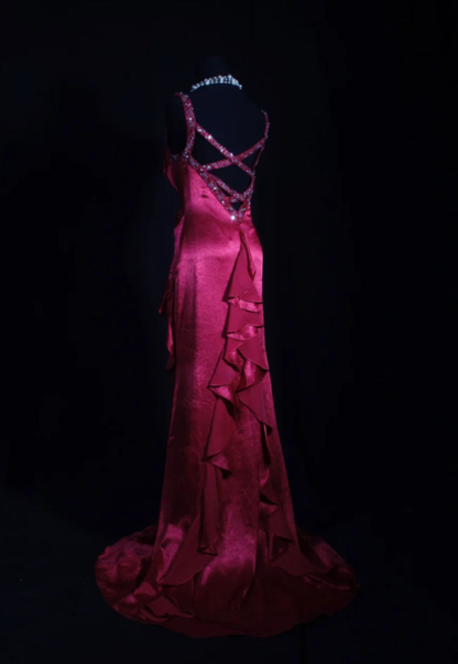 Pretty V Neck Hot Pink Satin Pleated Beaded Ruffles Mermaid Evening Dress Long Prom Dress D1202