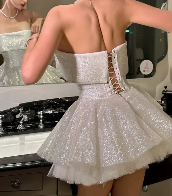 Glitter Strapless White Sequin Tulle Homecoming Dress A Line Short Cocktail Dress  S411
