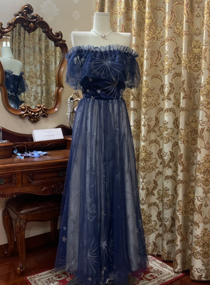 Glamorous Off The Shoulder Tulle A Line Long Wedding Guest Dress Navy Blue Birthday Prom Dress Evening Gown SP1609