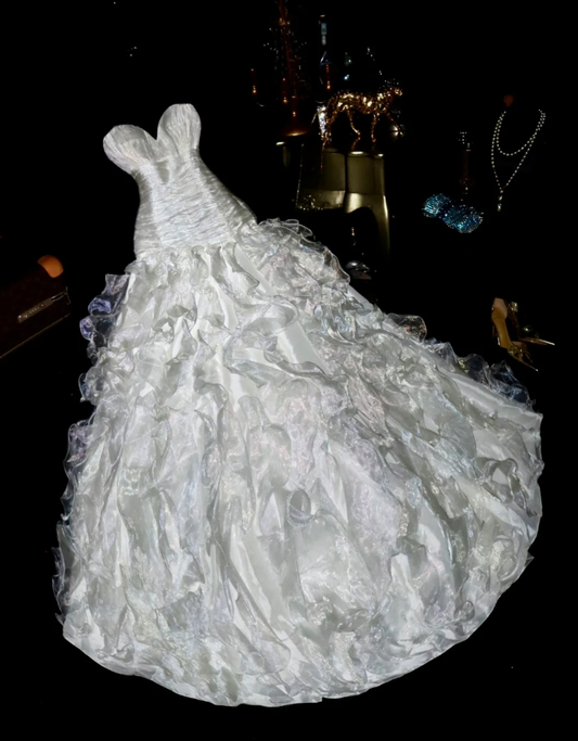 Classy Strapless Organza Pleated Mermaid Evening Dress Long Birthday Party Dress D1430