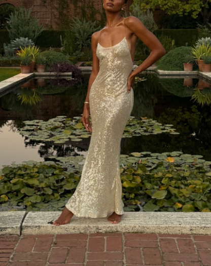 Shiny Champagne Spaghetti Straps Sequin Mermaid Party Dress Long Wedding Guest Dress D1168