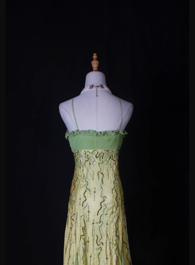 Chic Spaghetti Straps Yellow-green Satin Beaded Mermaid Long Party Dress Birthday Evening Gown With Ruffles