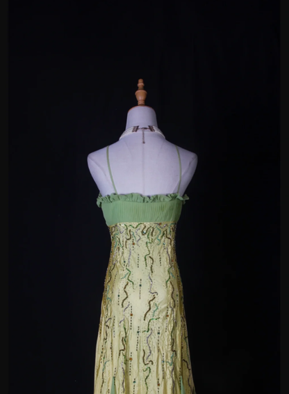 Chic Spaghetti Straps Yellow-green Satin Beaded Mermaid Long Party Dress Birthday Evening Gown With Ruffles