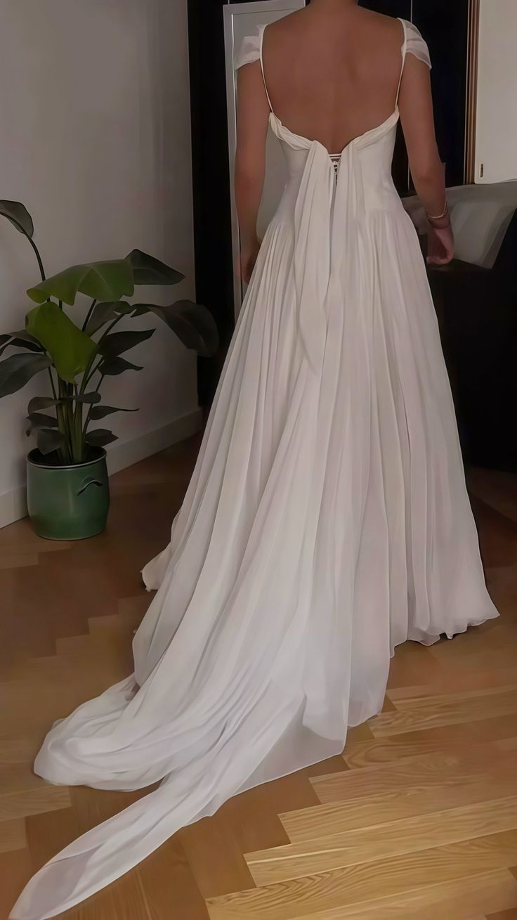 Classy V Neck White Chiffon Long Wedding Dress Bridal Dress D1922