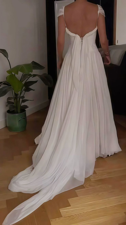 Classy V Neck White Chiffon Long Wedding Dress Bridal Dress D1922
