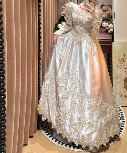 Charming White Off The Shoulder Satin Beaded Appliques Ball Gown Long Wedding Dress Bridal Dress