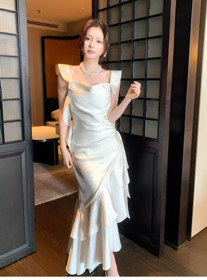 Elegant White Satin Ruffles Layered Mermaid Long Party Dress Prom Gown Formal Wedding Guest Dress SP1499