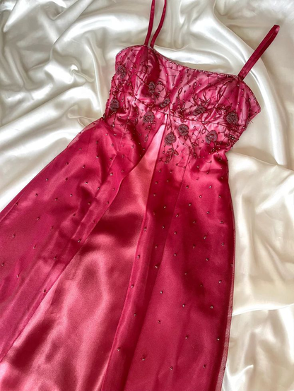 Pretty Spaghetti Straps Ombre Hot Pink Satin Beaded A Line Long Evening Dress Birthday Party Dress D1534