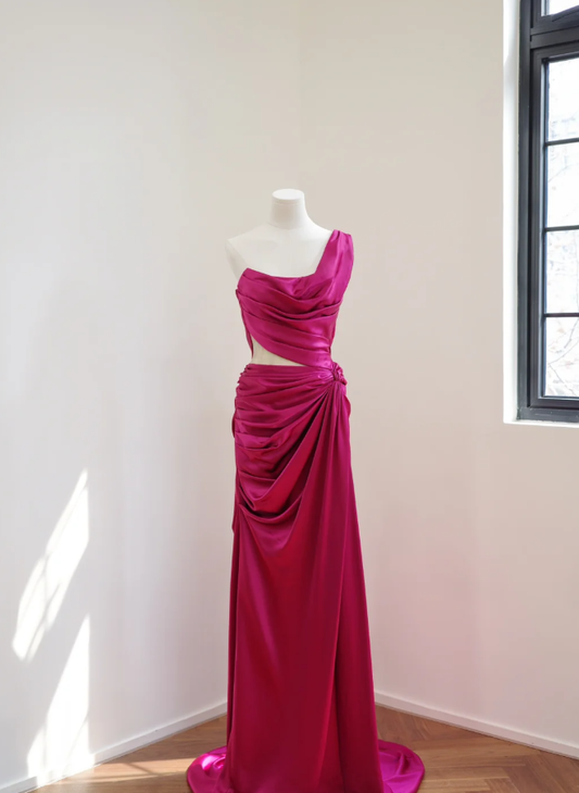 Charming One Shoulder Satin Pleated Mermaid Long Party Dress Hot Pink Wedding Guest Dress D2174