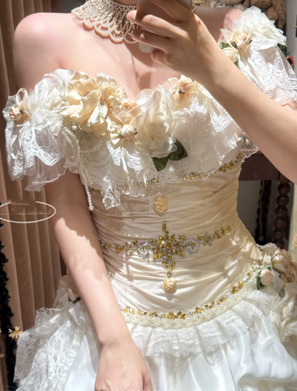 Retro White Satin Lace Layered Long Wedding Dress Formal Bridal Gowns With Flowers