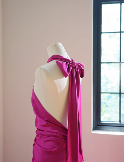 Elegant Halter Hot Pink Satin Pleated Mermaid Long Wedding Guest Dress Party Dress D2165