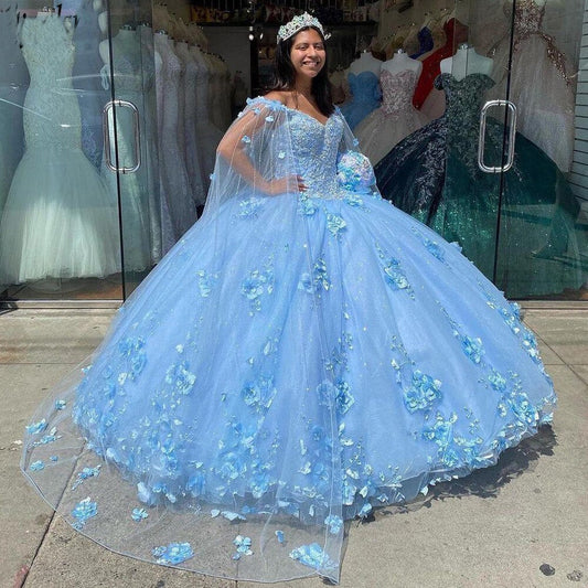 Vintage Baby Blue 3D Floral Flowers Quinceanera Dresses Mexican with Cape Robe Corset Ball Gown C2446