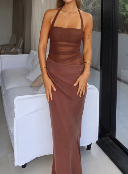 Simple Dark Khaki Halter Dress Design A-line Tulle Women Party Dress, D1407
