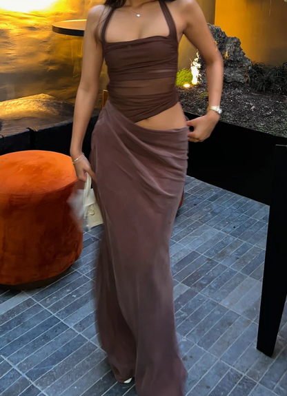 Simple Dark Khaki Halter Dress Design A-line Tulle Women Party Dress, D1407