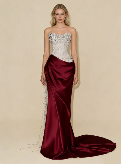 Stunning Strapless Sheath Satin Beaded Long Evening Party Dress Birthday Outfits, D980