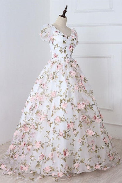 Short Sleeves V Neck Pink 3D Flower White Long Prom Dress, V Neck White Formal Evening Dress with Pink Appliques M2695