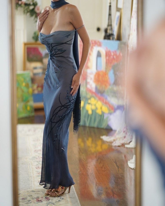 Classy Spaghetti Straps Blue Chiffon Beaded Mermaid Evening Dress Long Birthday Party Gown With Ribbon