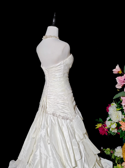Elegant Strapless White Satin Beaded Pleated Layered Mermaid Long Prom Dress Birthday Party Dress D2370