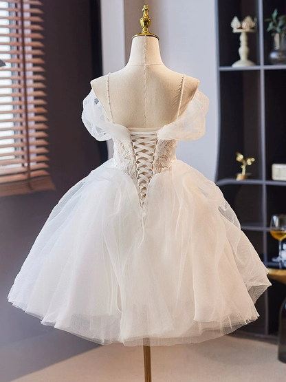 Off Shoulder Sweetheart Homecoming Dress Tulle Lace White Short Prom Dress  MD7230