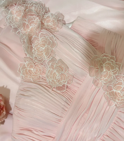 Classy Pink One Shoulder Chiffon Pleated Appliques Long Party Dress Prom Dress Formal Wedding Guest Dress D21114