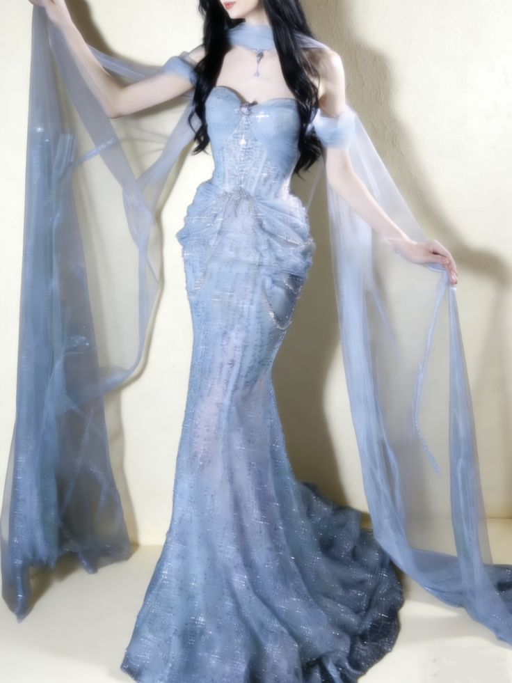 Glitter Sky Blue Strapless Tulle Sequin Beaded Mermaid Evening Dress Long Birthday Prom Dress Party Dress D1880