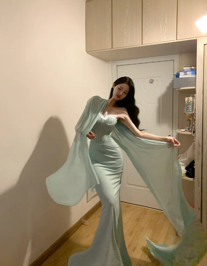 Classy Strapless Light Green Satin Mermaid Party Dress Long Evening Gown
