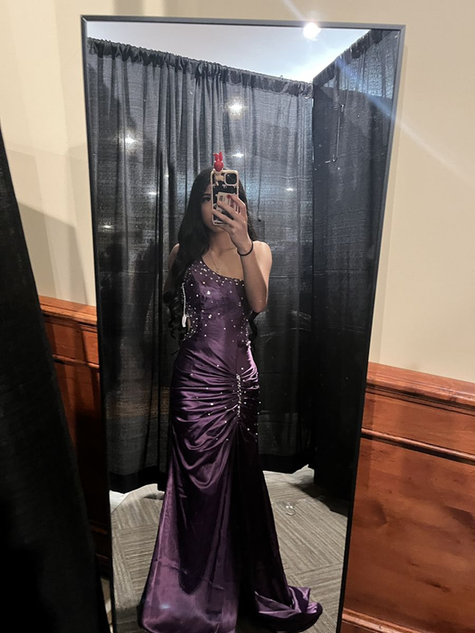 Elegant One Shoulder Purple Satin Pleated Beaded Mermaid Evening Dress Long Party Gown