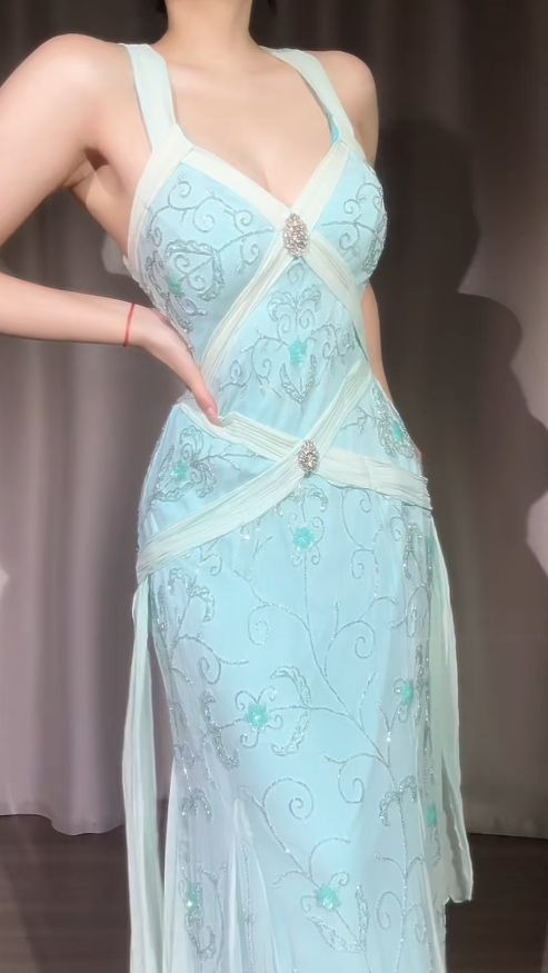 Classy Light Blue V Neck Chiffon Beaded Mermaid Long Party Dress Backless Evening Gown