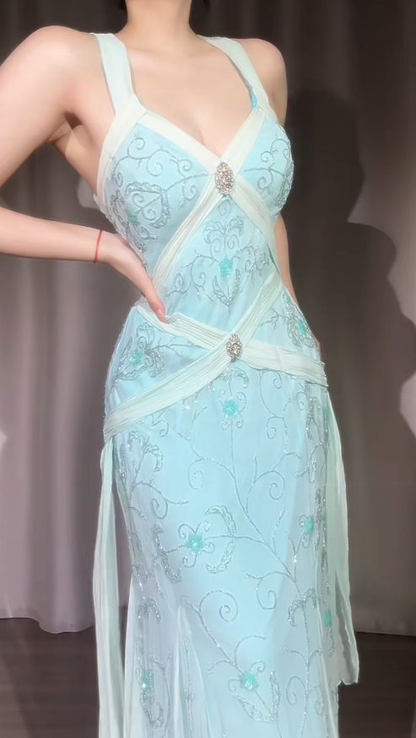 Classy Light Blue V Neck Chiffon Beaded Mermaid Long Party Dress Backless Evening Gown