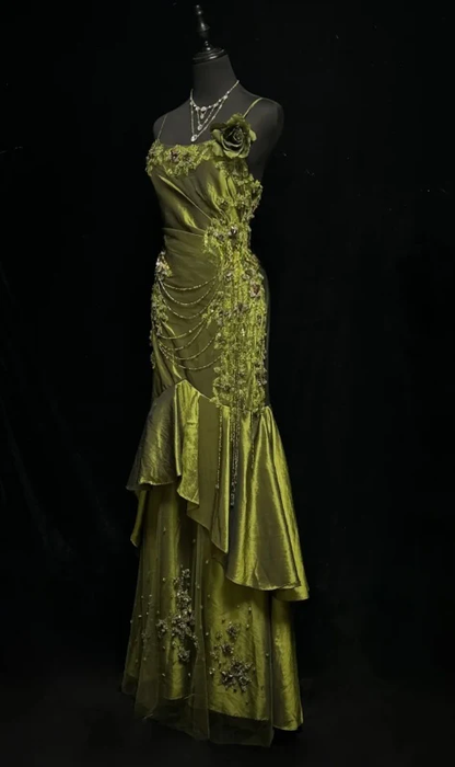 Vintage Spaghetti Strap Olive Green Satin Beaded Mermaid Long Prom Dresses Formal Prom Gown