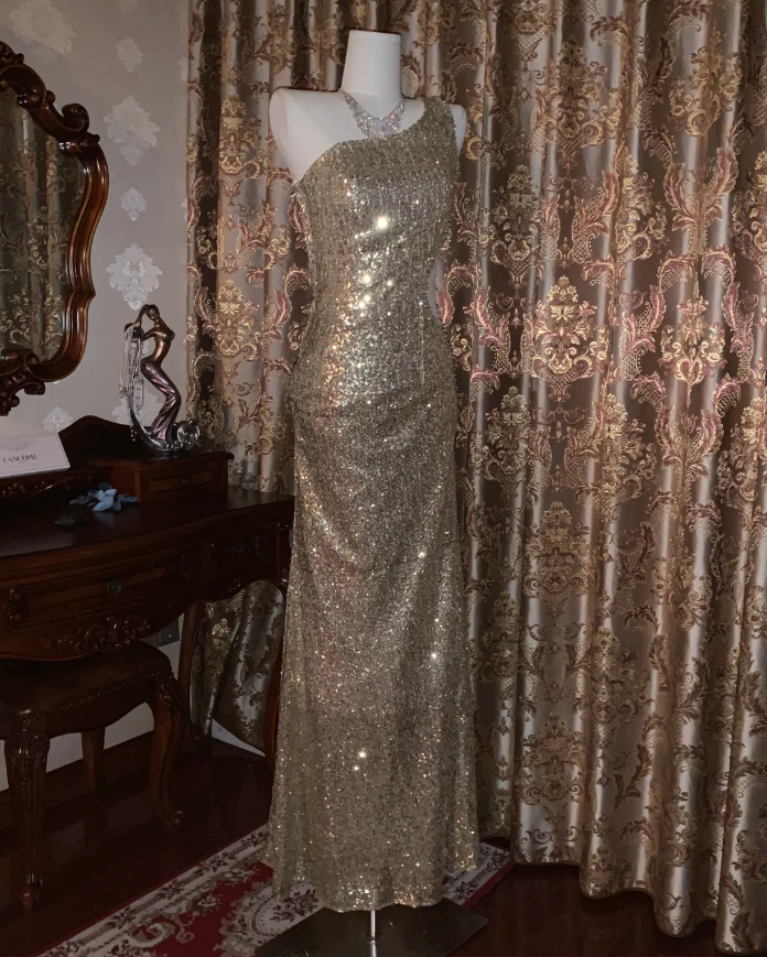 Sparkly Gold One Shoulder Sequin Mermaid Evening Dress Long Party Gown
