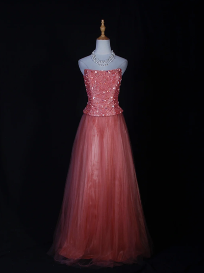 Sweet Strapless Tulle Beaded A Line Long Wedding Guest Dress Formal Birthday Evening Dress D2280