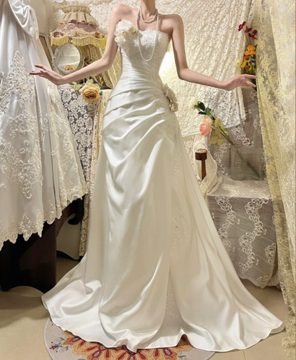Pretty White Strapless Satin Pleated Appliques Mermaid Long Wedding Guest Dress Party Dress D21111