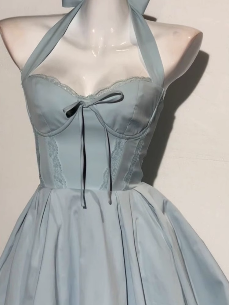 Blue Halter Neck A Line Short Birthday Dress Homecoming Dress  S215