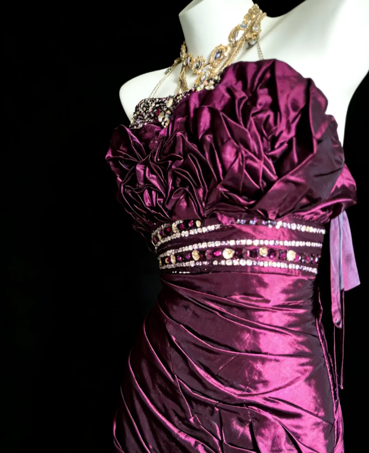 Charming Strapless Purple Satin Pleated Ruffles Mermaid Long Party Dress Evening Dress SP1638