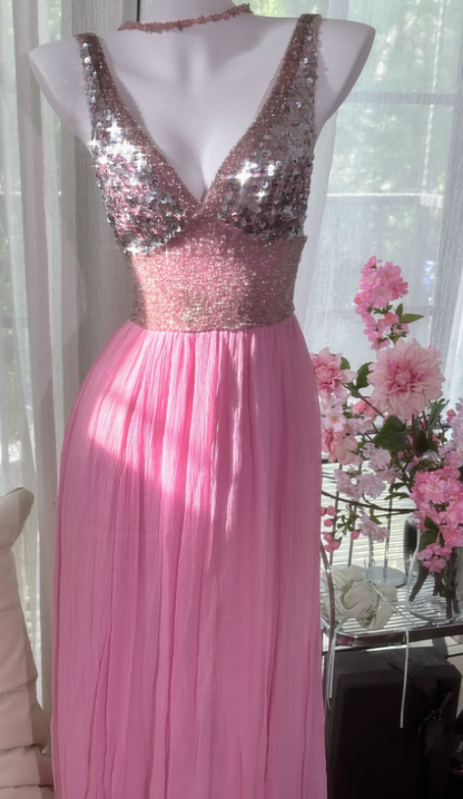 Pretty Pink V Neck Sequin Chiffon A Line Long Wedding Guest Dress Formal Party Dress Prom Dresses D2093