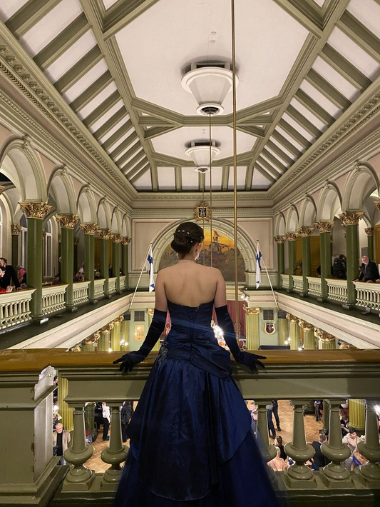 Gorgeous Navy Blue Strapless Satin Pleated Beaded Long Party Dress Evening Gown With Gloves