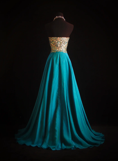 Unique Blue Green Strapless Satin Beaded Long Wedding Guest Dress Formal Birthday Party Dress Prom Gown